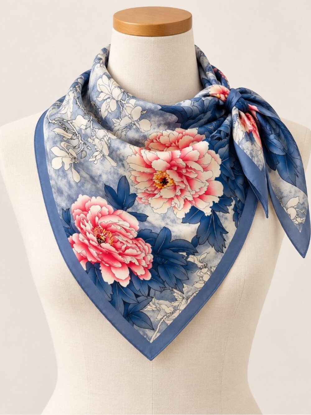 Blue & Pink Peony Floral Square Scarf